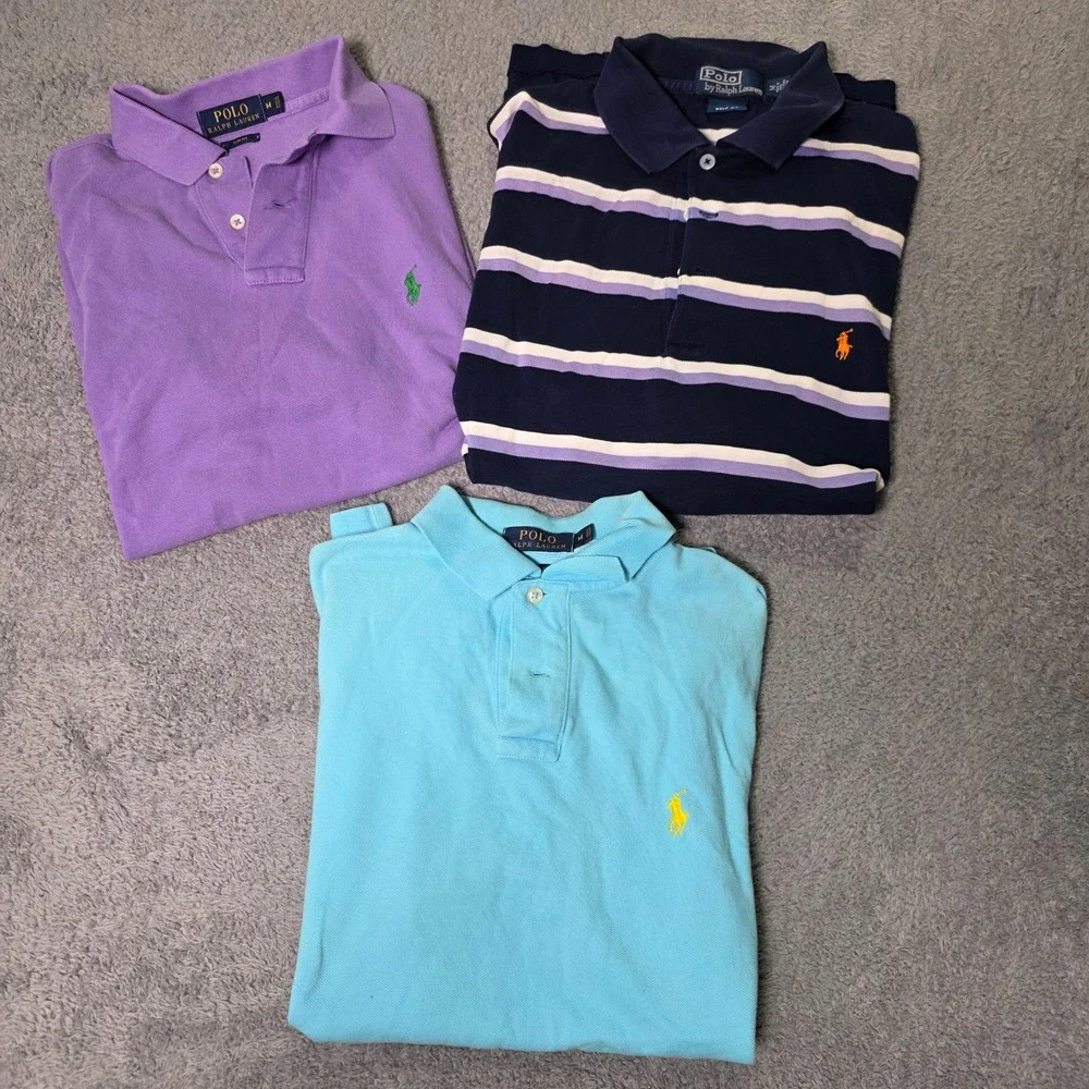 Polo Ralph Lauren Mens M Polo Shirts 3 Pack Purple Blue Striped Slim Golf Fit